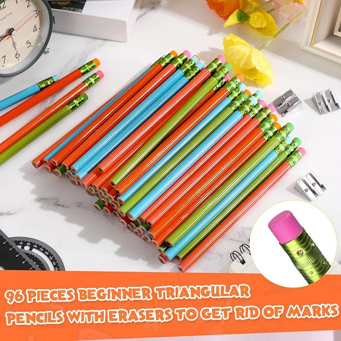 Fainne 102 Pcs Bulk Thick Jumbo Graphite Pencils Set 96 Fat Giant Large Pencils and 6 Sharpeners Enhanced Grip for Art Drafting Writing Drawing Office and Home Use(Colored,Round)