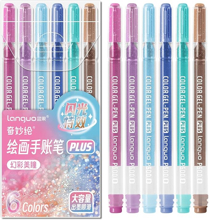 Glitter Gel Pens, 6 Pack Colored Pens for Black Paper & White Paper, 1.0mm Point Pens, Large Capacity Ink Pens for Coloring, Writing, Drawing, Journaling, Note Taking, Office, Home