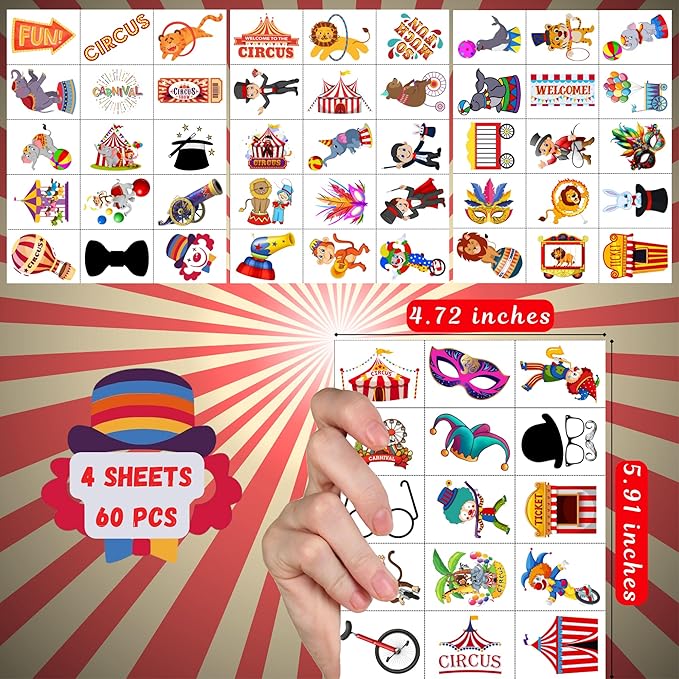 Circus Temporary Tattoos - Animal Clown Magical Circus Birthday Decorations Carnival Party Favors Supplies Gift Idea Holiday Festival For Boy Girls Carnival Party Decorations