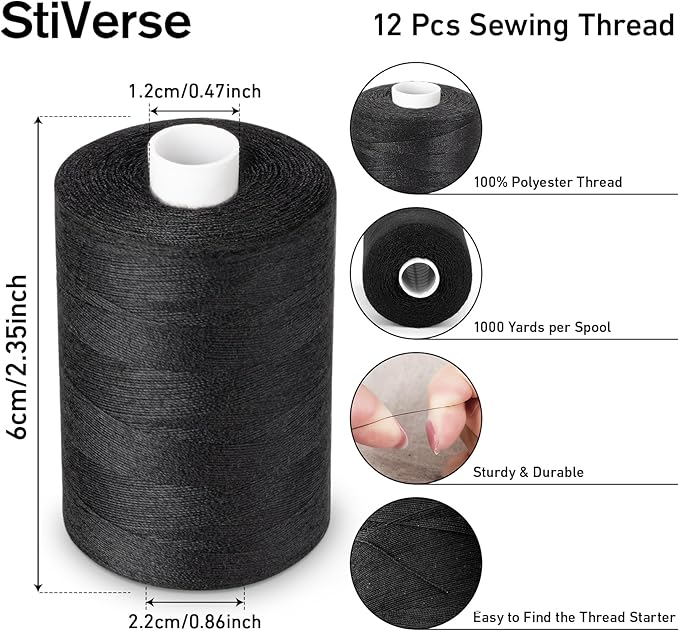 12PCS Thread - 1000Yard Black All Purpose Sewing Machine Thread for Sewing Machine, Hand Stitching, Embroidery Clothing Repair, Home Decor