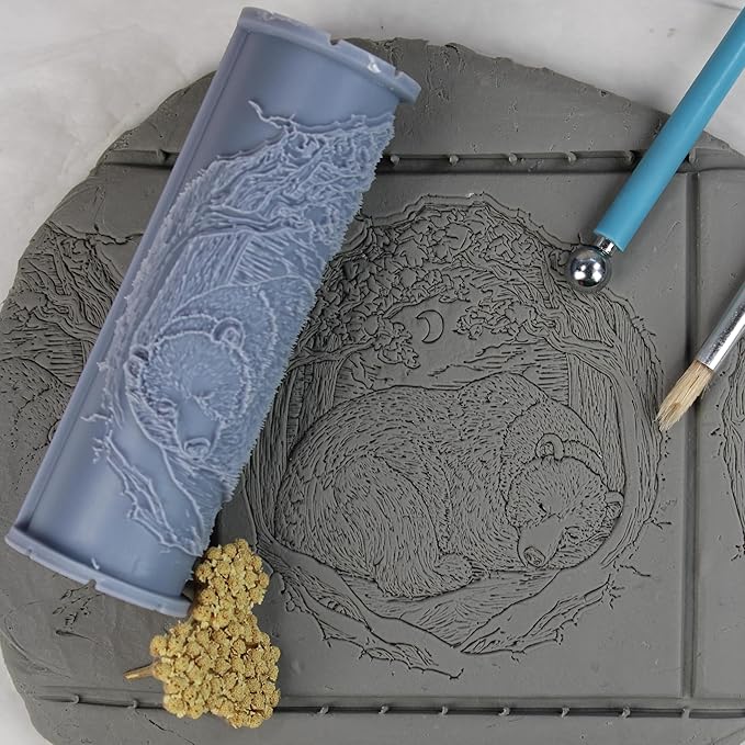 Hibernating Bear Clay Texture Roller (4") - Winter Set #01 - Embossing Pattern Roller for Polymer & Ceramic Clay, Pottery & Crafts