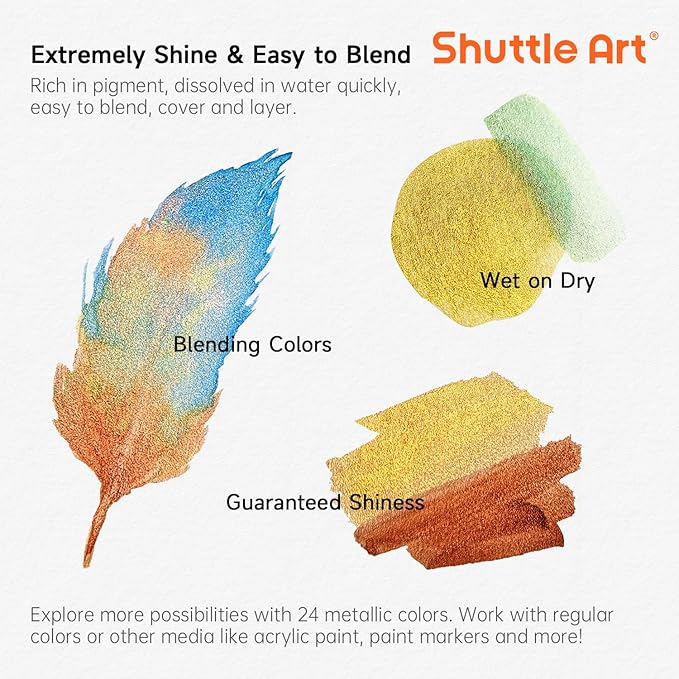 Metallic Watercolor Paints, Shuttle Art 24 Colors Glitter Watercolor Paint in Half Pans with Water Brush Pen Watercolor Pad &Mental Box, Art Supplies for WatercolorPainting, Illustrations, Calligraphy