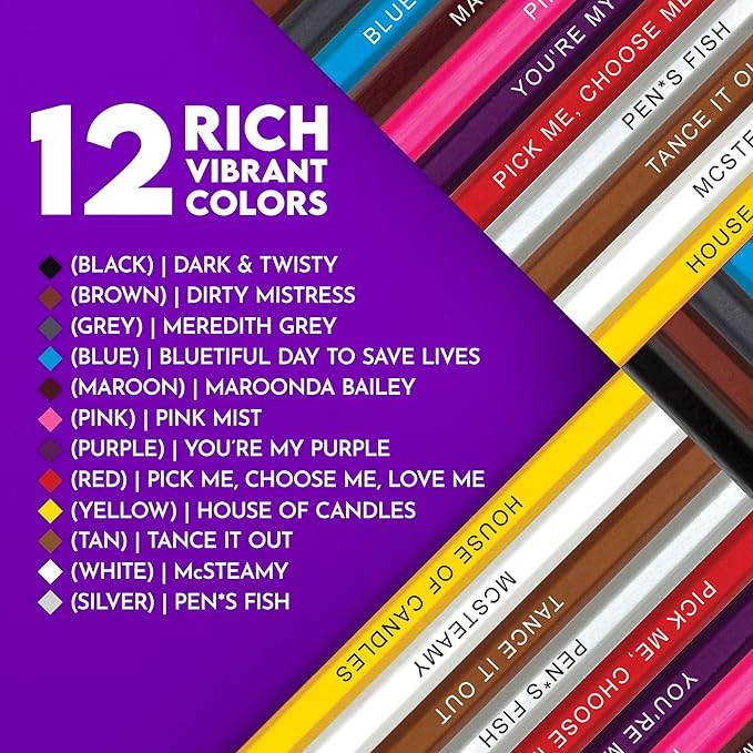 Grey's Anatomy-Inspired Colored Pencils Set for Adults – 12 Drawing Pencils with Foil-Stamped Names – Grey's Anatomy Gifts for Fans – Art and Office Supplies, Travel Colored Pencil Set