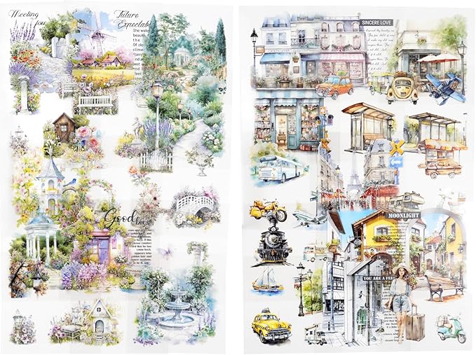 90 PCS City & Garden Street Scene Pre-Cut PET Stickers - Watercolor Backgrounds with Shops Cars Lamps Flowers for Scrapbook Journal Travel Collage Décor