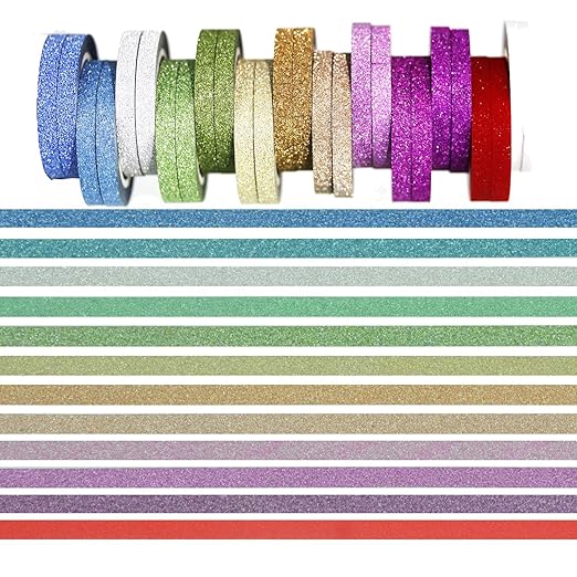 YUKUNTANG Skinny Glitter Paper Washi Tape Set 24 Rolls 12 Color Masking Tape for DIY Crafts Book Designs