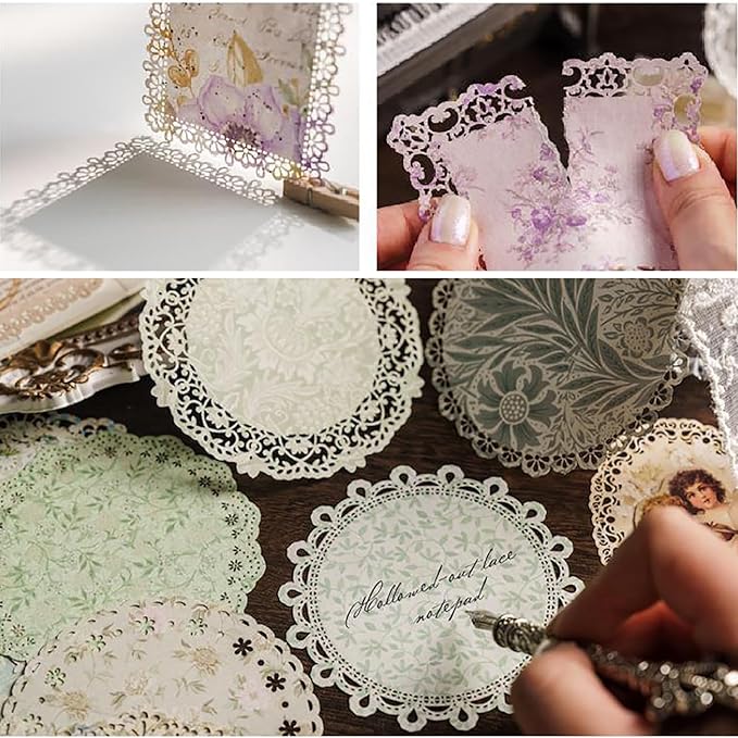 Maxleaf 60Pcs Lace Edged Flower Scrapbook Paper for Letter Writing Vintage Decorative Paper Scrapbooking Supplies DIY Planners Aesthetic Bullet Collage Stationery Paper