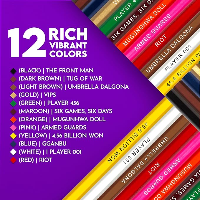 Squid Colors Wooden Colored Pencil Set for Kids – 12 Squid Game-Inspired Parody of Korean Series with Foil-Stamped Names, Adults Coloring Books and Recreation - Ideal for Squid Game-Fan Gift