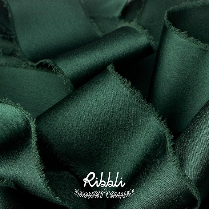 Ribbli Forest Green Silk Satin Ribbon 1.5 Inch x 30 Yard Handmade Frayed Chiffon Forest Green Ribbon for Gift Wrapping Wedding Invitations Bridal Bouquets Home Decor