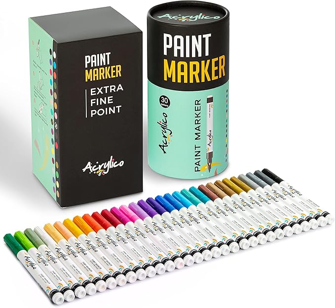 Acrylic Paint Markers Set of 30 Paint Pens – Fine Tip for Rock, Fabric, Wood, Ceramic, Glass & Canvas – Permanent Art Supplies for Kids & Adults