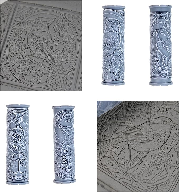 Songbird Collection 4-Pack Clay Texture Rollers (4") - Bird Set #02 - Embossing Pattern Rollers for Polymer & Ceramic Clay, Pottery & Crafts
