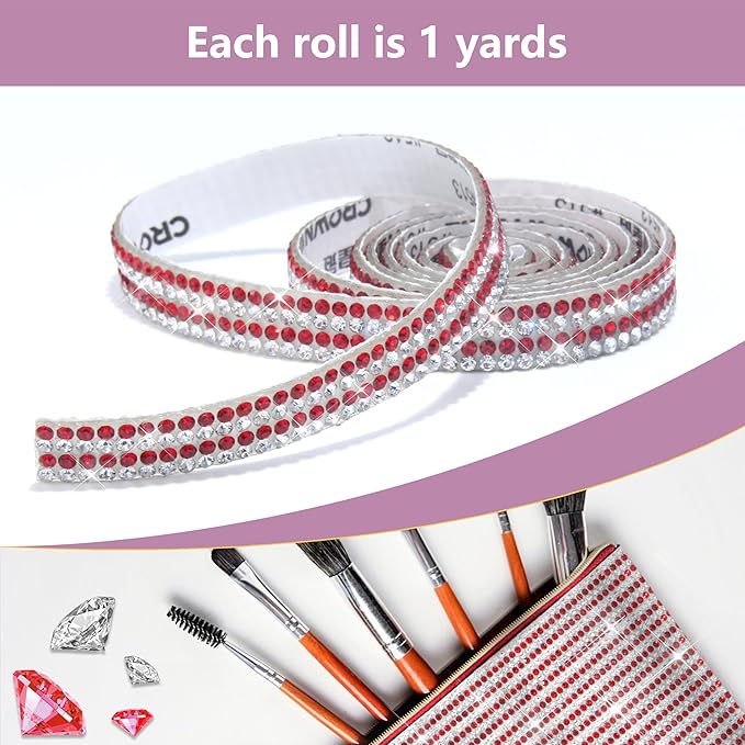 4 Rolls Rhinestone Tape Self Adhesive Crystal Ribbon Diamond Bling Strips with 2 mm Glitter Sticker for Arts Crafts Wedding Birthday Party DIY Event Car Phone Decoration (Silver+Red)