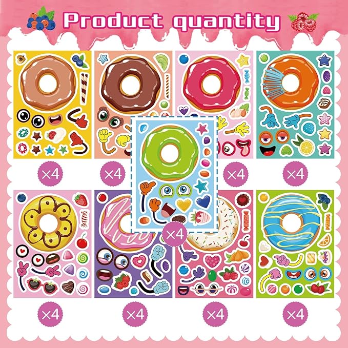 36 Sheets Make a Face Donut Stickers - Make Your Own Dessert Stickers for Kids with Mix and Match Sweets & Treats, Fruit Designs for Fun DIY Crafts, Donut Themed Birthday Gifts Party Favors