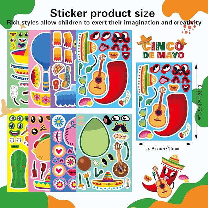 24 PCS Mexican Fiesta Stickers, Make Your Own Mexican Carnival Stickers, Make a Face Stickers for Kids, Cinco De Mayo Tacos Cactus Guitar Sticker for Mexican Carnival Themed Birthday Party Supplies