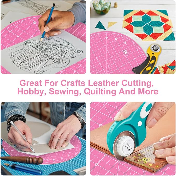 Headley Tools 13"x13" Round Rotating Cutting Mat, Self Healing Mat with 360-Degree Rotation & Anti-Slip Base, Sewing Board Cutting Mat Perfect for Fabric Quilting Leather Hobby Project, Pink