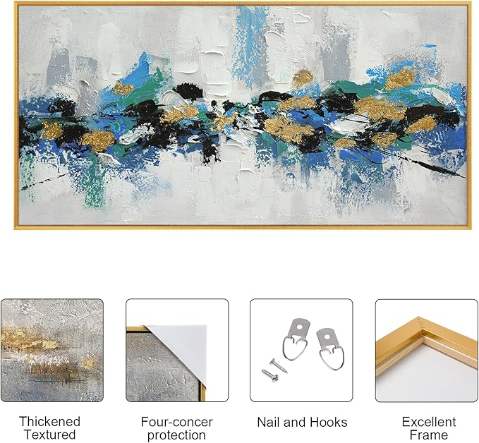 Large 100% Hand Painted Oil Painting 3D Texture Framed Canvas Wall Art White Black Blue Green Home Decor Abstract Gold Leaf Wall Painting for Living Room Bedroom Office 60x30in
