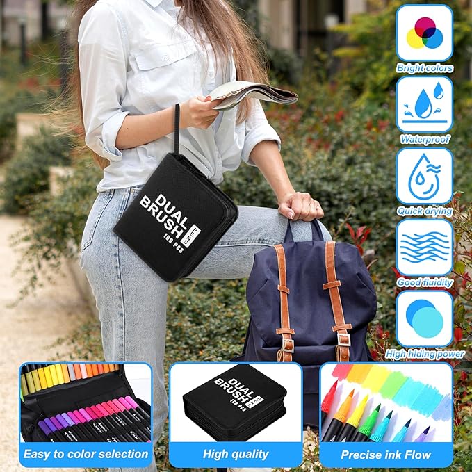 100 Colors Dual Brush Marker Pens, Artist Marker Set with Fine Brush Tip Pen Art Markers for Adults Kids Coloring Books Bullet Journaling Drawing Painting Card Making
