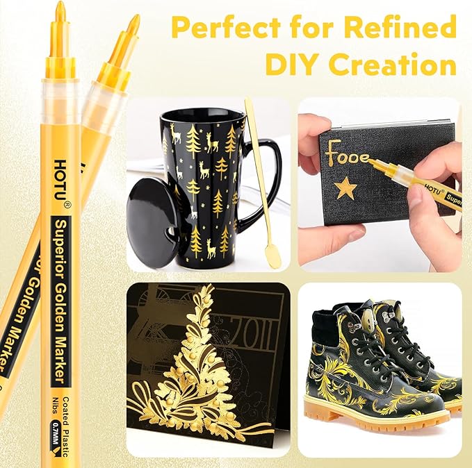 5 Pack Super Gold Paint Markers - Metallic Gold Acrylic Paint Pens Glitter Extra Fine Tip 0.7mm for Black Paper,Wood, Rock Painting, Glass, Fabric