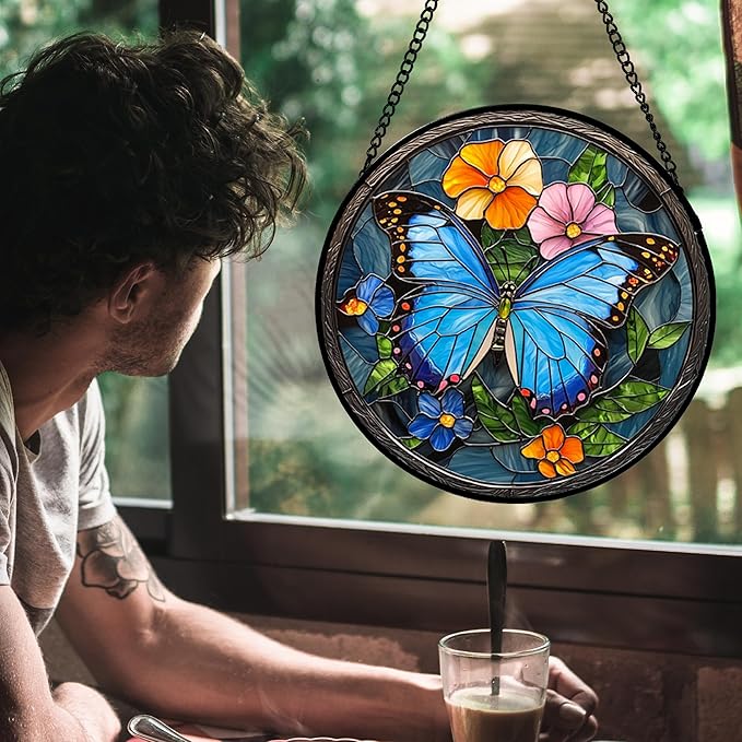 Stained Glass Window Hanging, Blue Butterfly Flower Suncatcher for Doors Home Sun Catchers Decoration and Christmas, Mother's Day Birthday Gifts for Women, Men, and Mom 9.8 in