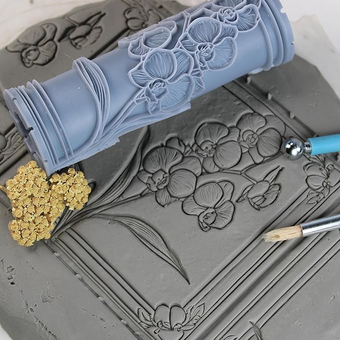 Orchid Clay Texture Roller (4") - Flower Set #01 - Embossing Pattern Roller for Polymer & Ceramic Clay, Pottery & Crafts