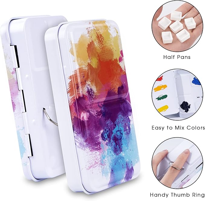 PEVART Empty Watercolor Paint Palette,Metal Box Mixing Palette Case with 50 Water Color Half Pans and Fold-Out Palette Tin Paint Tray Travel Watercolor Set,Acrylic,Gouache, Oil Painting