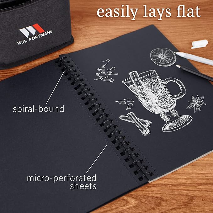 WA Portman Black Paper Sketchbook A4 (8.3" x 11.7") – 140 GSM Acid-Free Black Book Marker Paper – 60 Pages (30 Sheets) Spiral Scrapbook Journal – Mixed Media Sketch Pad for Kids & Adults