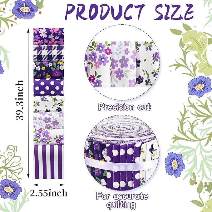 40 Pcs Purple Floral Cotton Jelly Fabric Strips Vintage Purple Flowers Fabric Bundles Strips for Quilting Crafting Precut Patchwork for Summer Holidays for Gift Sewing DIY Crafts