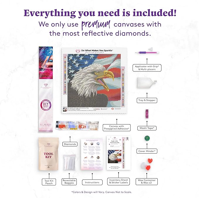 DIAMOND ART CLUB Eagle with American Flag Diamond Painting Kit, Fun DIY Crafts for Adults, Round Diamond Art Canvas, 13" x 13"
