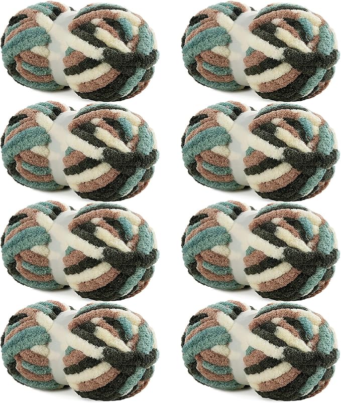 Hombys 8 Pack Giant Chunky Yarn for Crocheting & Knitting, Super Bulky Soft Fluffy Tie Dye Plush Yarn, Mixed Color Thick Chenille (Green, White Multi)