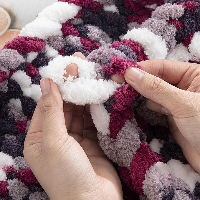 HOMBYS 8 Pack Giant Chunky Yarn for Crocheting and Knitting, Super Bulky Large Soft Fluffy Tie Dye Plush Fuzzy Mixed Color Thick Chenille Yarn (Wine Red, Grey, White)
