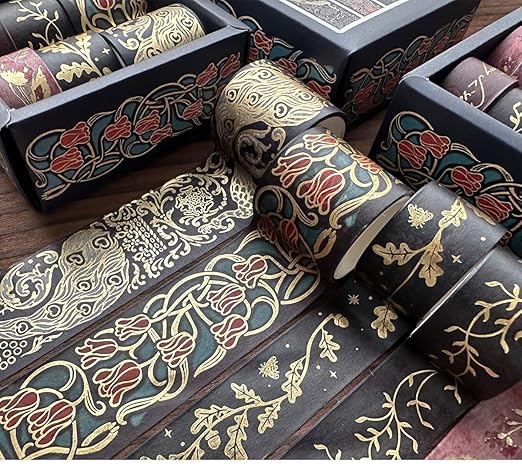 YUBX Vintage Washi Tape Set 6 Rolls Wide Retro Decorative Gold Foil Antique Patterns Masking Tapes for Arts, DIY Crafts, Journals, Planners, Scrapbook, Wrapping
