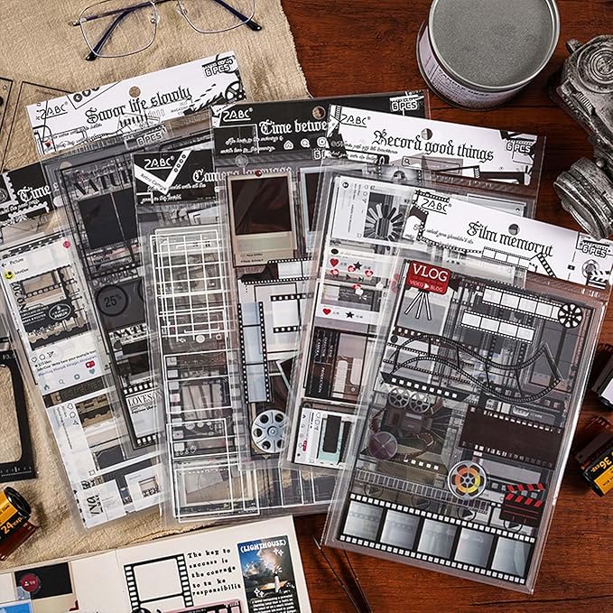 Vintage Camera Film Stickers for Scrapbooking,36 Sheets Transparent PET Photo Frame Stickers with 300+ Retro Designs for Journal and Photo Album Decoration