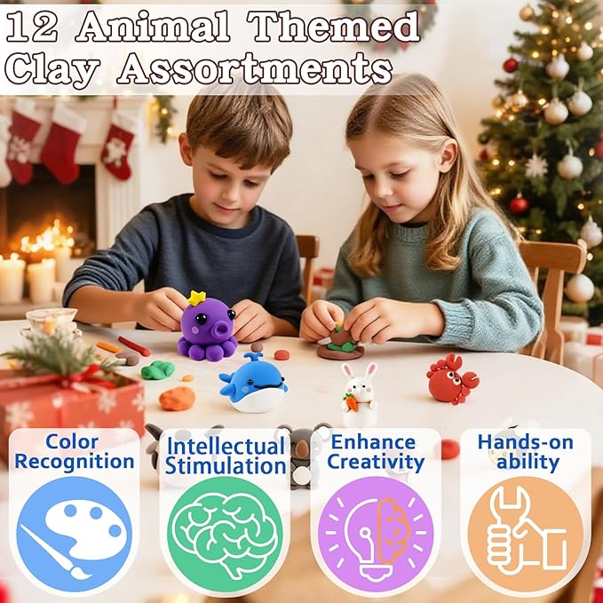 Christmas Air Dry Modeling Clay for Kids, Polymer Clay Kit Super Light & Soft DIY Play Dough Animals Crafts Set, Creatibles Art and Crafts Christmas Gifts for Beginners Kids Boys Girls