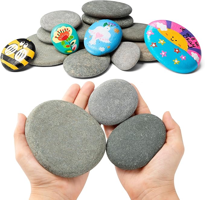 Simetufy 15pcs Rocks for Painting, 5pcs Each 2-3in, 3-4in, 4-5in, Flat & Smooth Rocks for Arts & DIY, Kindness Painting Stones