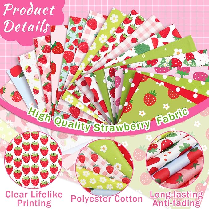 HunnmingRe 20 Pcs 10''x10'' Strawberry Quilting Fabric Square Summer Strawberry Quiltted Fabric Bundle Multicolor Precuts Printed Patchwork Supplies for Holiday DIY Sewing Craft