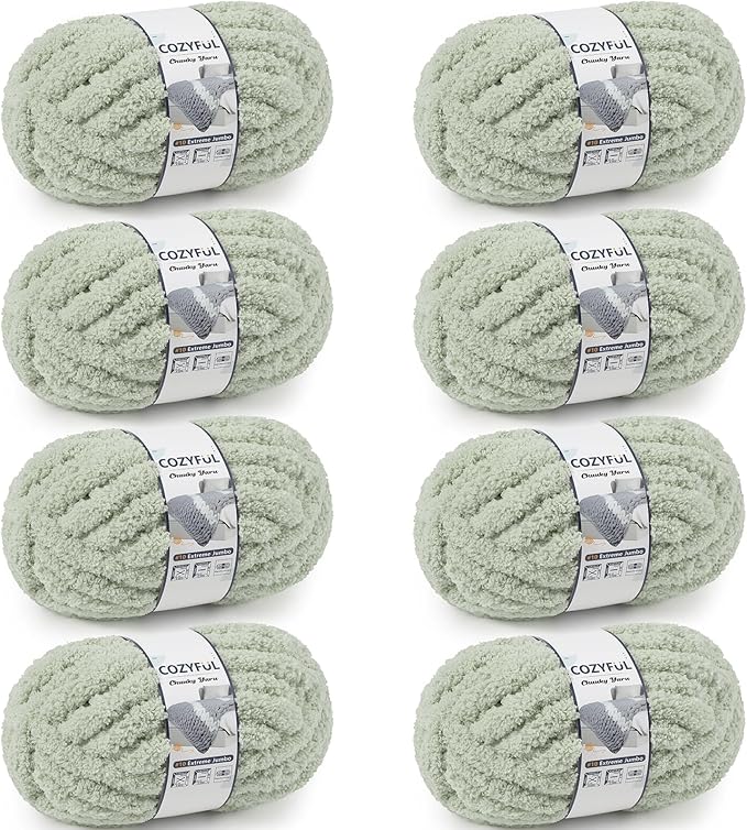 Chunky Yarn for Hand Knitting - #10 Chunky Chenille Yarn, Jumbo Big Thick Chunky Yarns for Crocheting, Super Bulky Chunky Knit Blanket Yarns, 8 Skein (25 yds 8 oz Each Skein), Sage Green