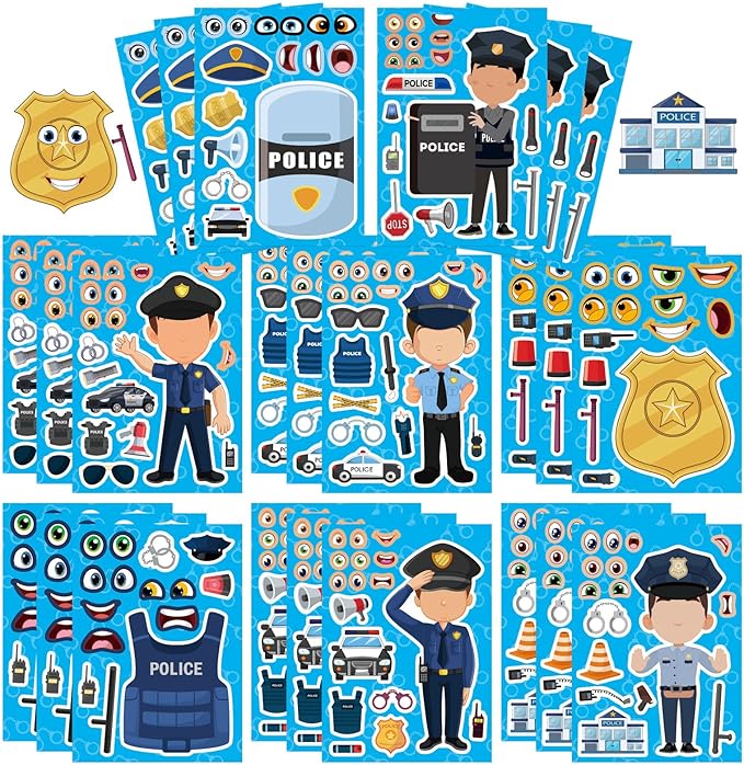 24 Sheets Make Your Own Policeman Stickers, Educational Theme Gift for Kids, Make-a-face Stickers, Birthday Party School Classroom Teacher Reward