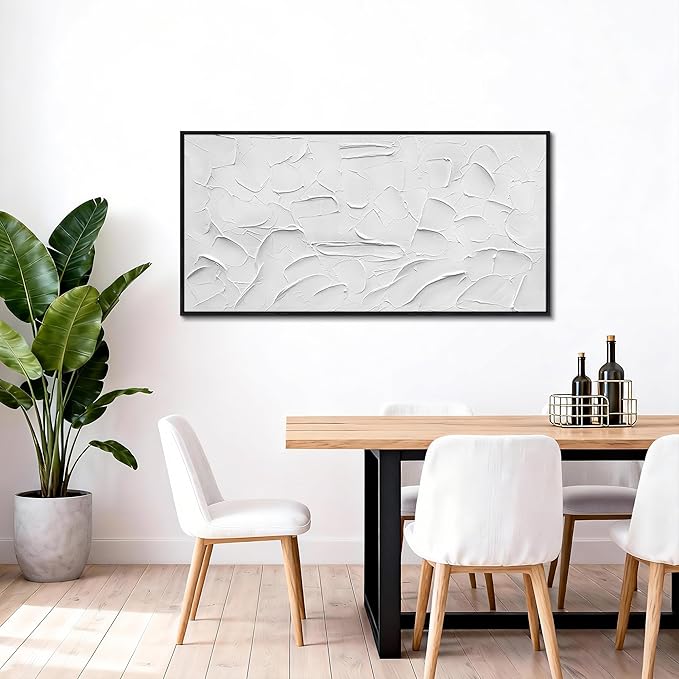 Large Hand-Painted Oil Painting on Canvas Black Frame White Textured Wall Art Abstract Minimalist 3d Artwork Neutral Wall Picture Home Decor for Living Room Bedroom Office Ready to Hang 60x30inch