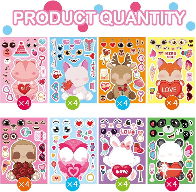 32 Sheets Valentine Stickers for Kids, Valentine' s Day Make a Face Stickers, Make Your Own Valentine Sticker for Boys Girls, Valentines Gifts Classroom Teacher Reward Valentine' s Day Party Supplies