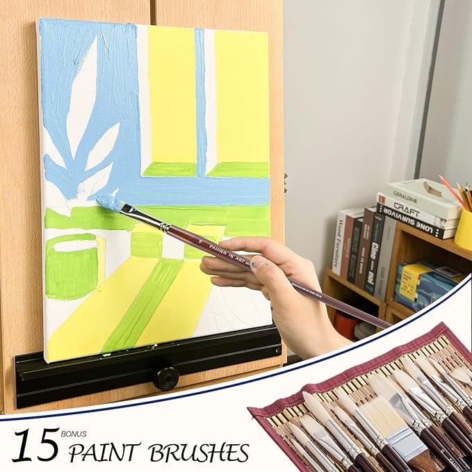 Falling in Art Natural Bristle Professional Paintbrush Set, 15PCS Long Handle Brushes for Acrylic Painting, Oil Paint Brushes of Fan, Round, Flat, Angled, and, Filbert with Storage Pouch, Brown