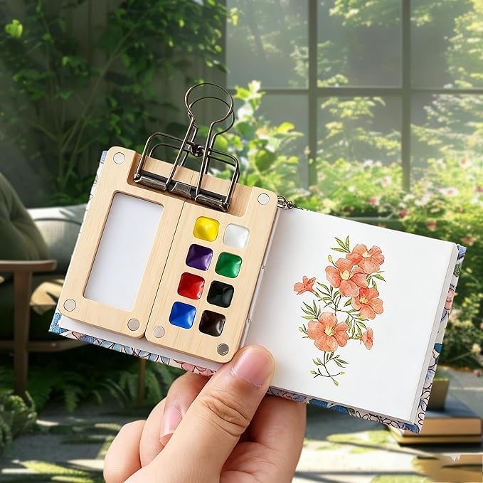 Mini Travel Watercolor Set Pocket Artist Watercolor Travel Set Grid Palette Box Sketch Book Brush Pens With Binder Clips For Painters Artists Students (bamboo, 8 Grids)