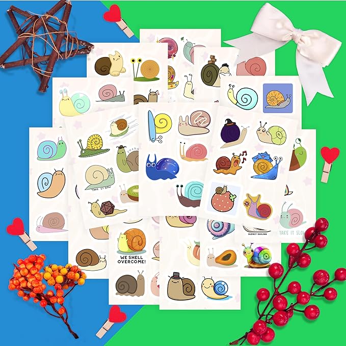 BulbaCraft 100Pcs Snail Stickers for Water Bottle and Laptop - Snail Party Supplies & Decorations, Waterproof Vinyl Decals, Cute Animal and Nature Stickers, Gifts for Women & Men