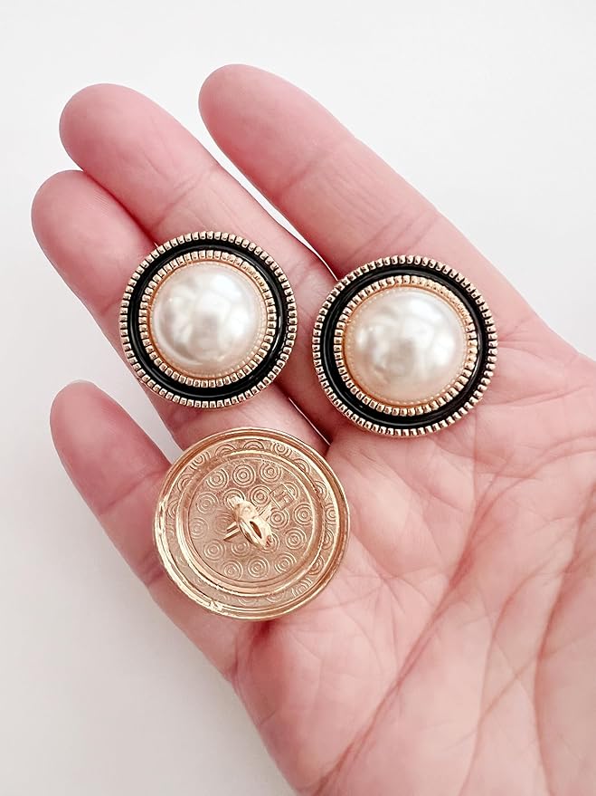 PEPPERLONELY 10PC Faux Pearl Metal Buttons for Clothing, Jeans, Crafts, Pants, Blazer, Sewing, Jacket, Jewlery Making (Gold/Black, 25mm)
