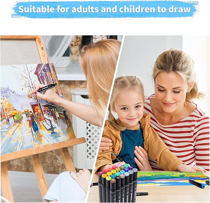 24 Colors Alcohol Markers Set, Dual Tip (Fine & Chisel) Coloring Markers, Permanent Art Drawing Marker for Kids Sketching Adult Coloring with Case and Holders (24 Colors - Black)