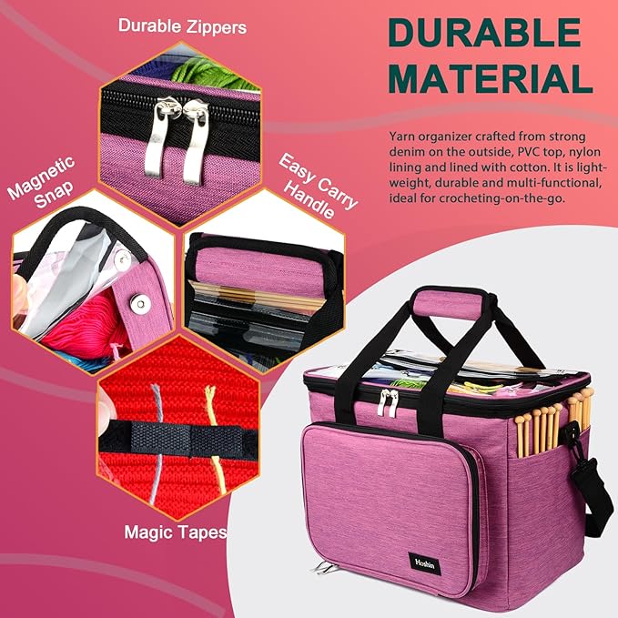 Hoshin Knitting Bag for Yarn Storage, High Capacity Yarn Totes Organizer with Inner Divider Portable for Carrying Project, Knitting Needles(up to 14”), Crochet Hooks, Skeins of Yarn (Purple)
