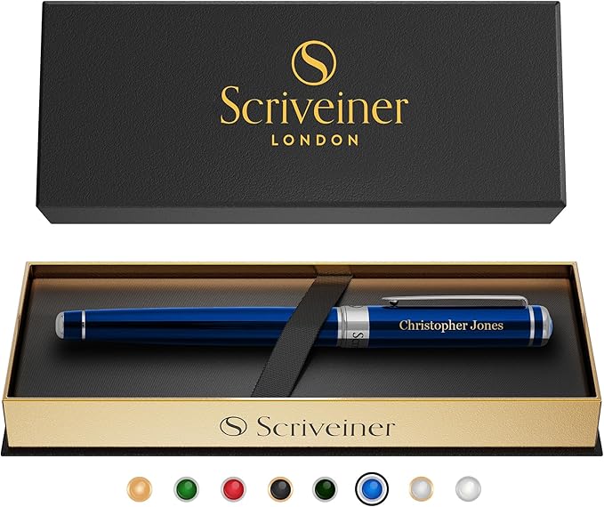Scriveiner Personalized Midnight Blue Rollerball Pen - Stunning Blue Lacquer Luxury Pen, Chrome Finish, Schmidt Ink Refill, Best Engraved Roller Ball Gift Set for Men & Women, Custom Name Engraving