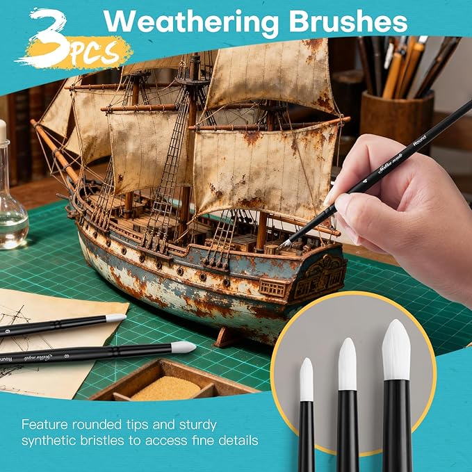 Weathering Paint Brushes-Golden Maple 3pcs Round Paint Brushes Set for Weathering Effects, Textures, Washing and Dry Brushing on Miniature Painting