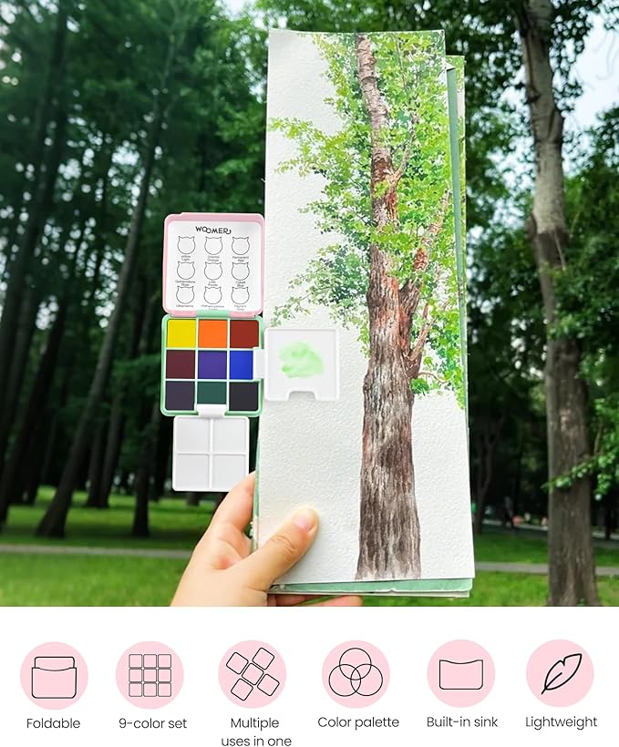 Woomer Watercolor Paint Set, 9 Vivid Colors Travel Watercolor Paint with 2 Foldable Palettes, Wash Cup, Perfect Water Color Set for Beginner Enthusiast Pro Gift