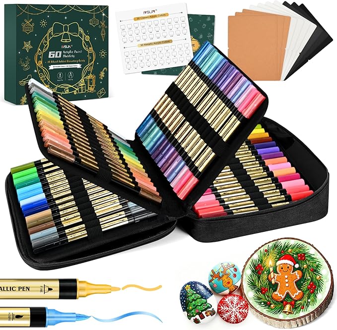 IVSUN 60 Acrylic Paint Markers, 30 Metallic & 30 Regular Colors Dual Tip Metallic Marker Pens for Black Paper, Photo Album, Rock Painting, Glass, Wood, Card Making, Scrapbook Supplies, DIY Crafts