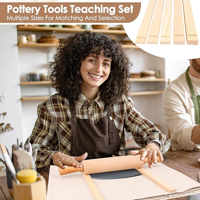 12 Pcs Pottery Tools Set, Include17in Slab Roller for Clay Pottery and 10 Pcs 5 Size Wooden Rolling Pin Guides, 1 Linen Tablecloth for Ceramic Clay Making