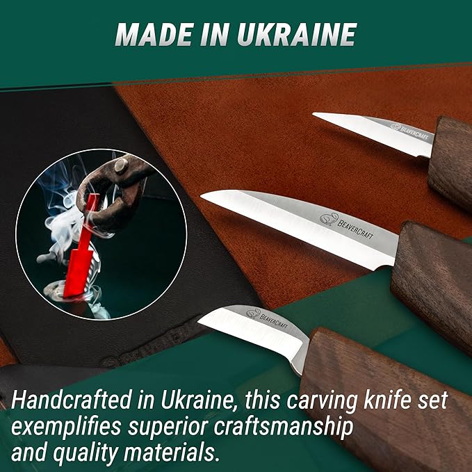 BeaverCraft Wood Carving Knife Set Deluxe S15X - Wood Carving Kit with Detail Chip Knife, Sloyd Roughing Whittling Knives & Leather Strop - Whittling Tools Set with Leather Case for Carvers